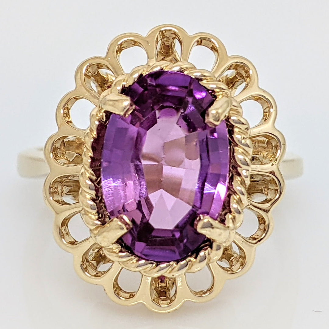 14K AMETHSYT OVAL 7.5X11 FILAGREE TRIM ESTATE RING 5.2 GRAMS