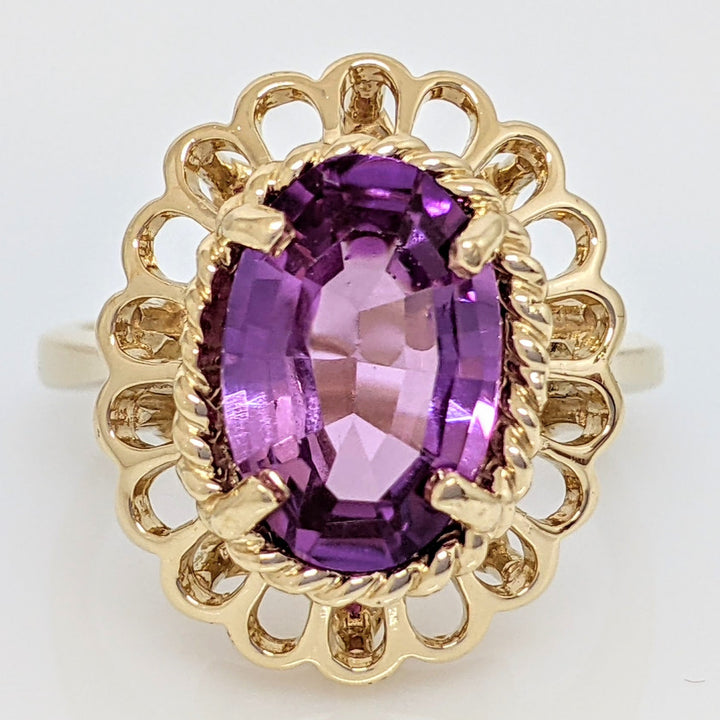 14K AMETHSYT OVAL 7.5X11 FILAGREE TRIM ESTATE RING 5.2 GRAMS