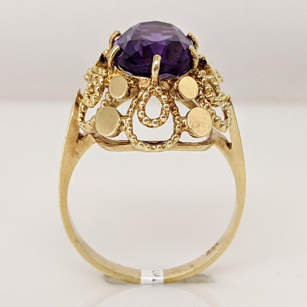 14K AMETHYST OVAL 8X12 BEADED OPEN TRIM ESTATE RING 4.8 GRAMS