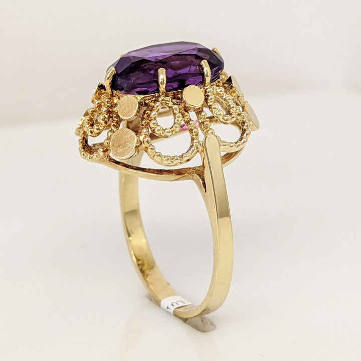 14K AMETHYST OVAL 8X12 BEADED OPEN TRIM ESTATE RING 4.8 GRAMS