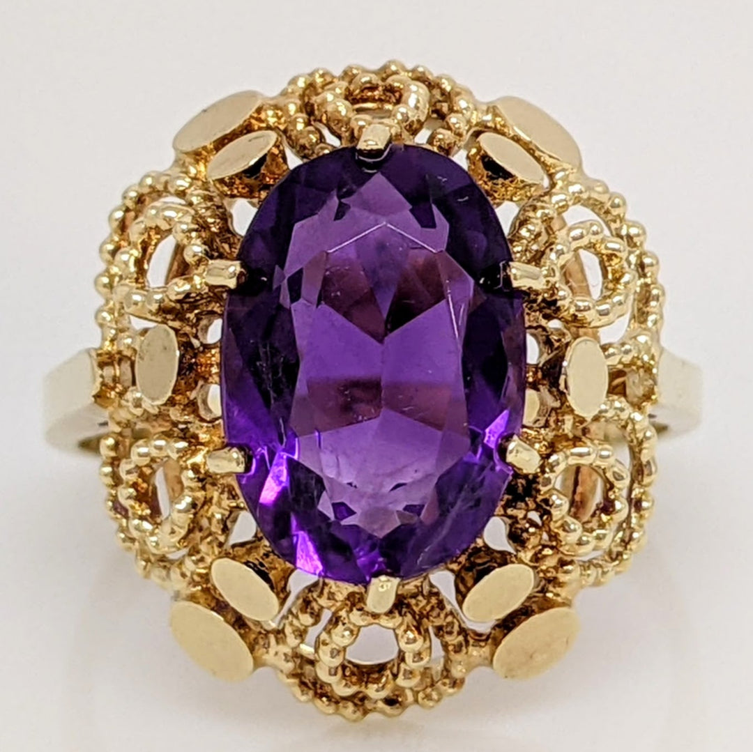 14K AMETHYST OVAL 8X12 BEADED OPEN TRIM ESTATE RING 4.8 GRAMS