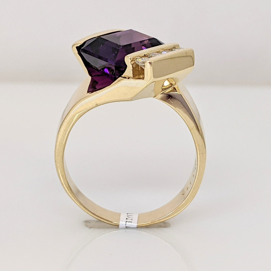 14K AMETHYST EMERALD CUT 8X10 BAR SET WITH (4) DIAMONDS ESTATE RING 7.4 GRAMS