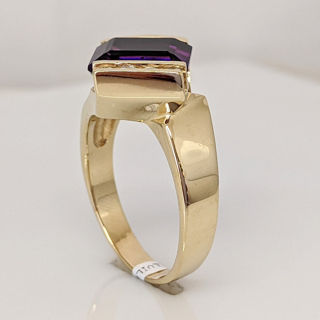 14K AMETHYST EMERALD CUT 8X10 BAR SET WITH (4) DIAMONDS ESTATE RING 7.4 GRAMS