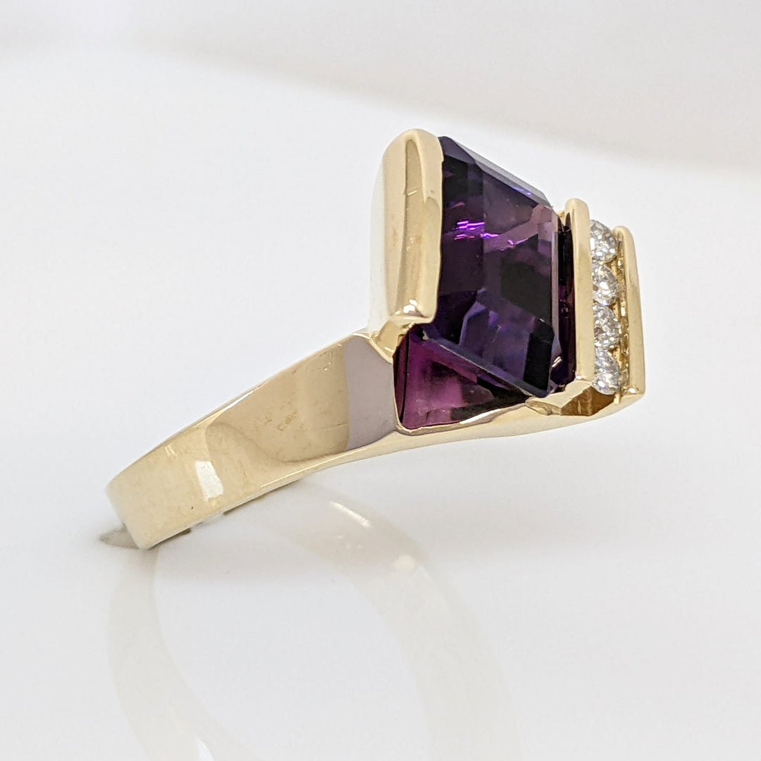 14K AMETHYST EMERALD CUT 8X10 BAR SET WITH (4) DIAMONDS ESTATE RING 7.4 GRAMS