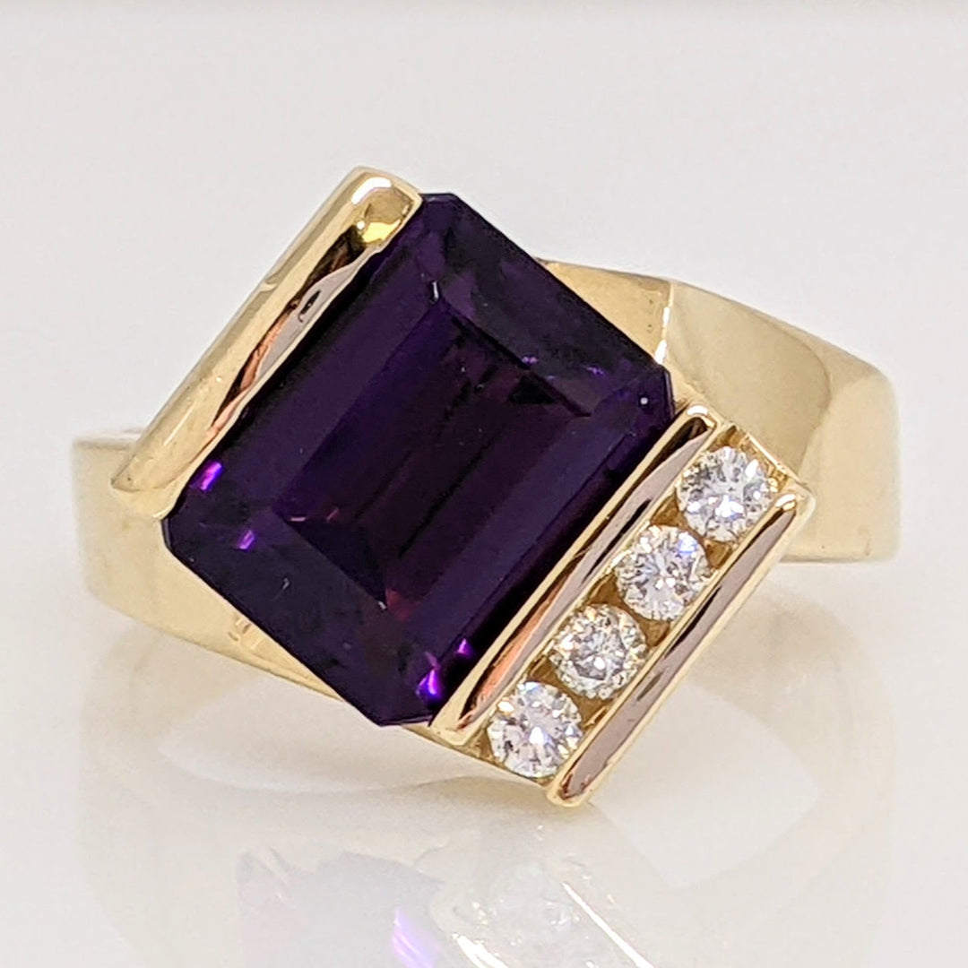 14K AMETHYST EMERALD CUT 8X10 BAR SET WITH (4) DIAMONDS ESTATE RING 7.4 GRAMS