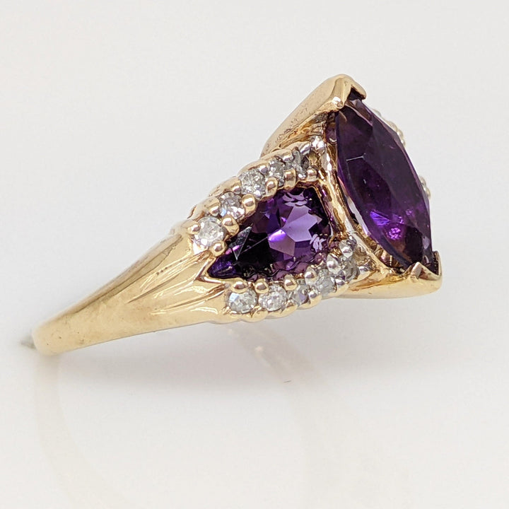 10K AMETHYST MARQUISE 5X10 WITH (2) PEAR SHAPE 4X6 WITH (20) MELEE ESTATE RING 4.0 GRAMS
