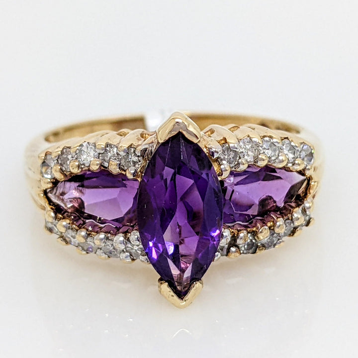 10K AMETHYST MARQUISE 5X10 WITH (2) PEAR SHAPE 4X6 WITH (20) MELEE ESTATE RING 4.0 GRAMS