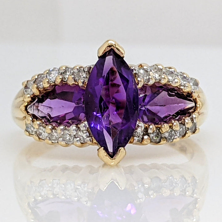 10K AMETHYST MARQUISE 5X10 WITH (2) PEAR SHAPE 4X6 WITH (20) MELEE ESTATE RING 4.0 GRAMS