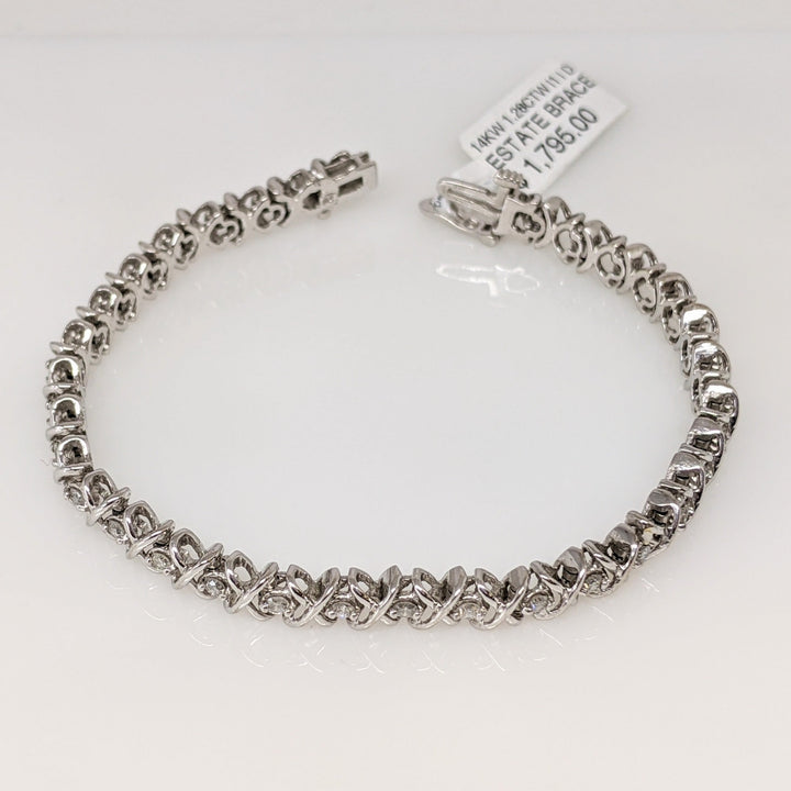 14K WHITE 1.28 CARAT TOTAL WEIGHT I1 I DIAMOND ROUND (32) "X" LINK ESTATE BRACELET 15.1 GRAMS