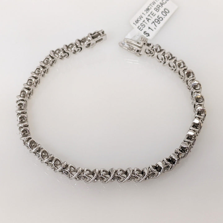 14K WHITE 1.28 CARAT TOTAL WEIGHT I1 I DIAMOND ROUND (32) "X" LINK ESTATE BRACELET 15.1 GRAMS