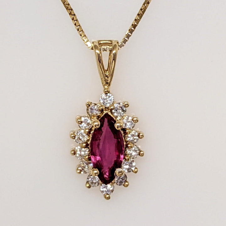 14K RUBY MARQUISE 4X8 WTH (14) MELEE ESTATE PENDANT & CHAIN 2.0 GRAMS
