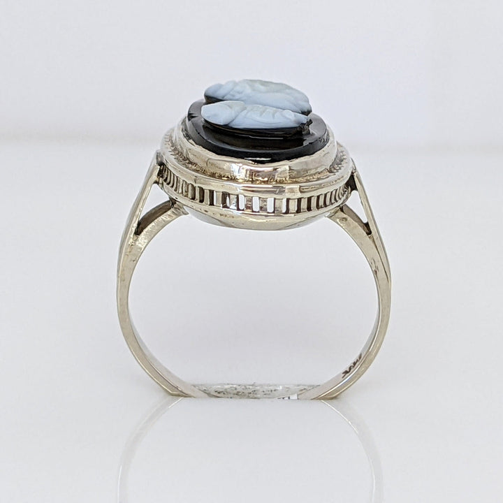 14K WHITE ONYX CAMEO OVAL 9X19.5 ESTATE RING 3.8 GRAMS
