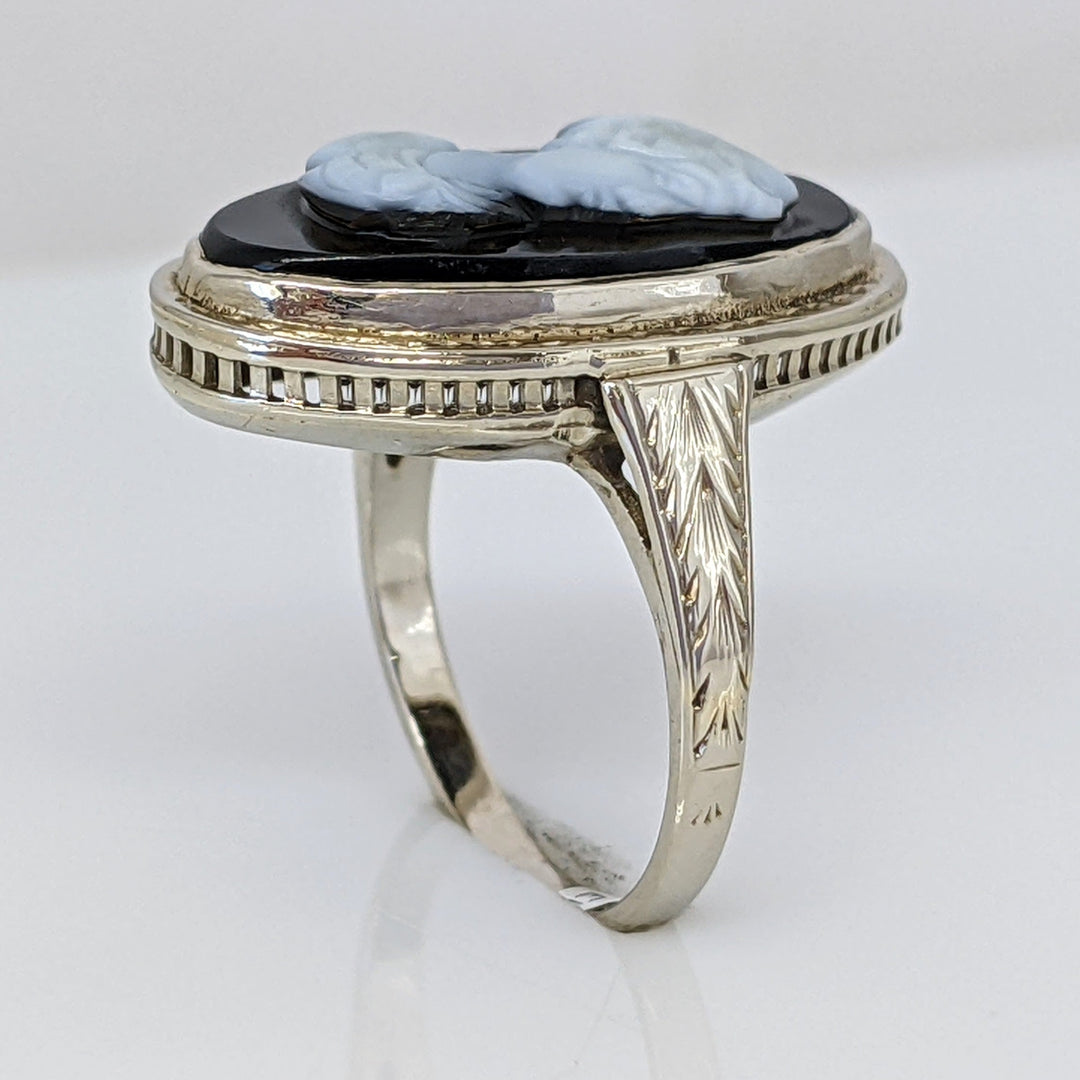 14K WHITE ONYX CAMEO OVAL 9X19.5 ESTATE RING 3.8 GRAMS
