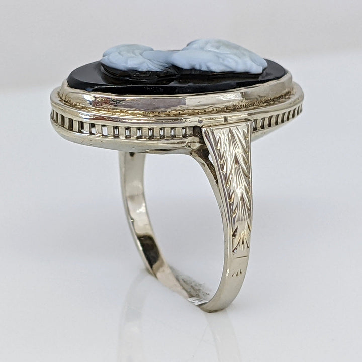 14K WHITE ONYX CAMEO OVAL 9X19.5 ESTATE RING 3.8 GRAMS