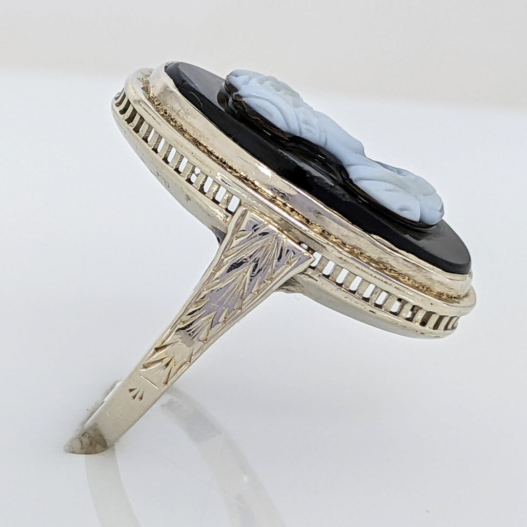 14K WHITE ONYX CAMEO OVAL 9X19.5 ESTATE RING 3.8 GRAMS