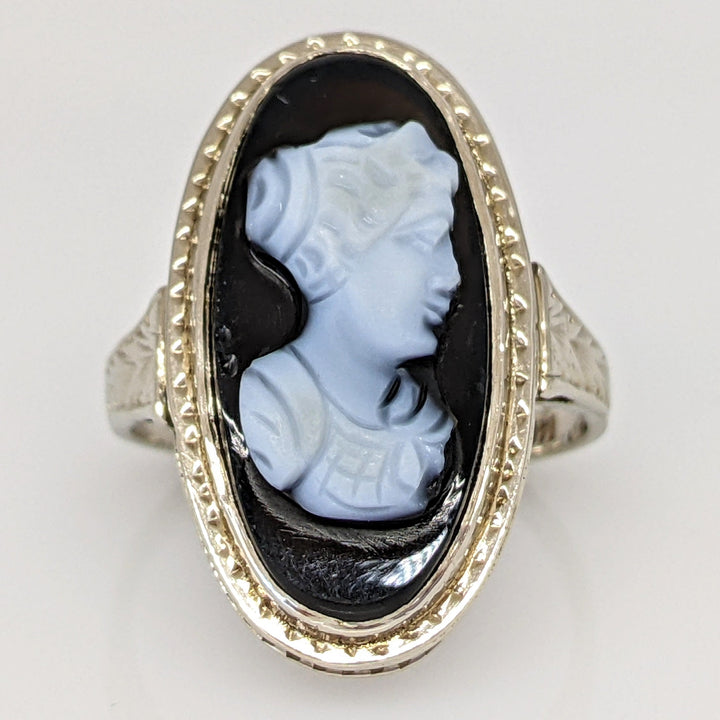 14K WHITE ONYX CAMEO OVAL 9X19.5 ESTATE RING 3.8 GRAMS