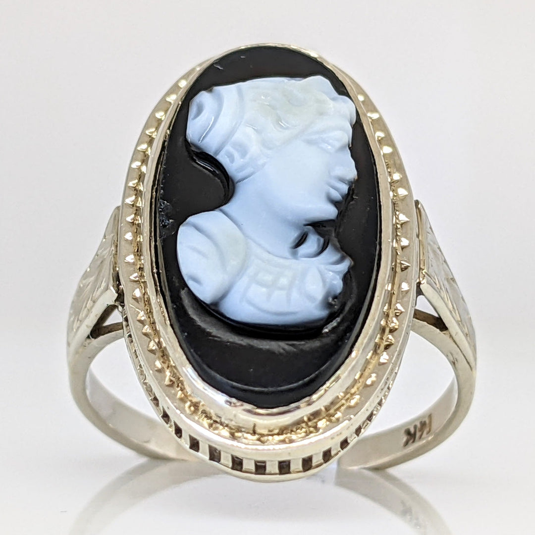 14K WHITE ONYX CAMEO OVAL 9X19.5 ESTATE RING 3.8 GRAMS