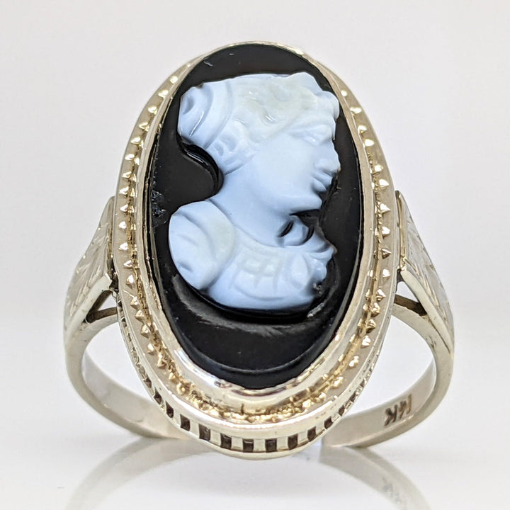 14K WHITE ONYX CAMEO OVAL 9X19.5 ESTATE RING 3.8 GRAMS