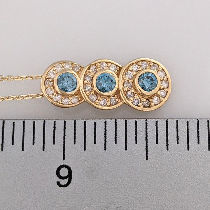 14K .65 CARAT TOTAL WEIGHT I1-I2 BLUE (3) WHITE (29) BEZEL ESTATE PENDANT & CHAIN 3.6 GRAMS