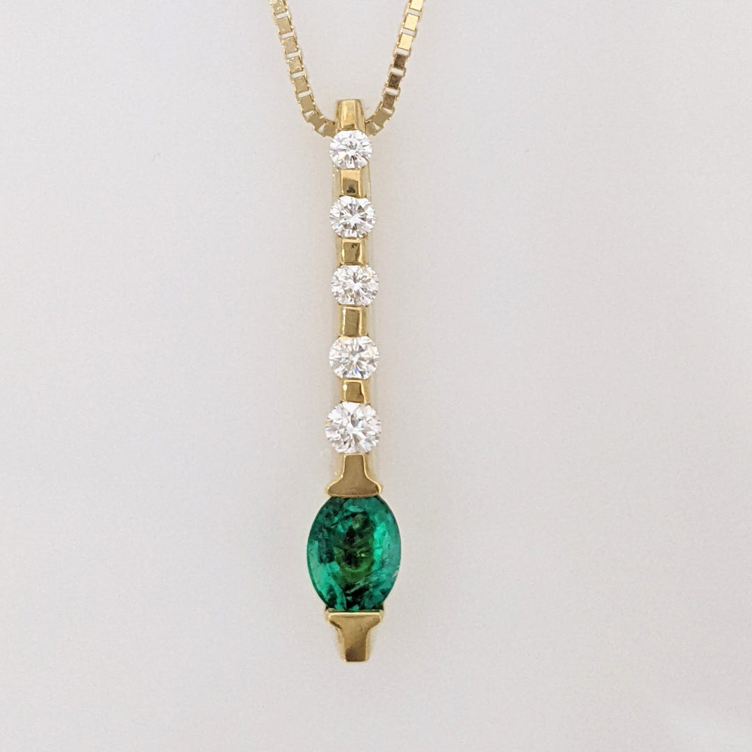 18K EMERALD OVAL 5X7 WITH .30 DIAMOND TOTAL WEIGHT (5) DROP ESTATE PENDANT & 14K CHAIN 6.8 GRAMS