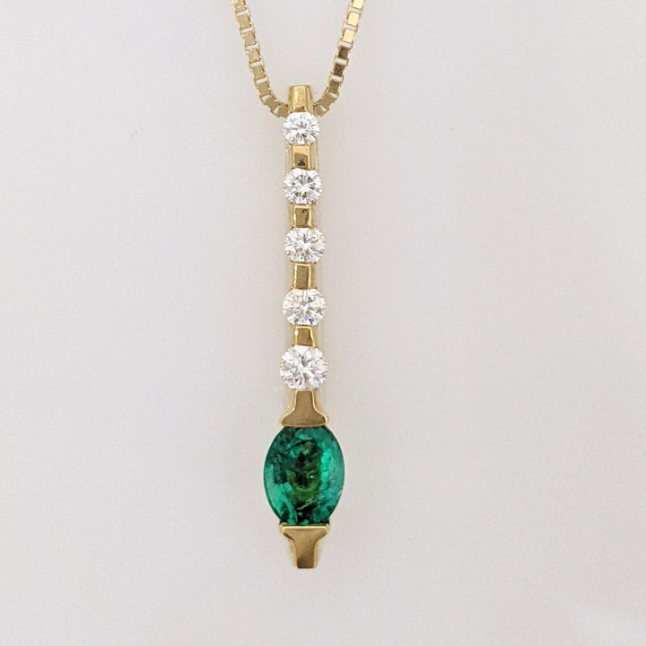 18K EMERALD OVAL 5X7 WITH .30 DIAMOND TOTAL WEIGHT (5) DROP ESTATE PENDANT & 14K CHAIN 6.8 GRAMS