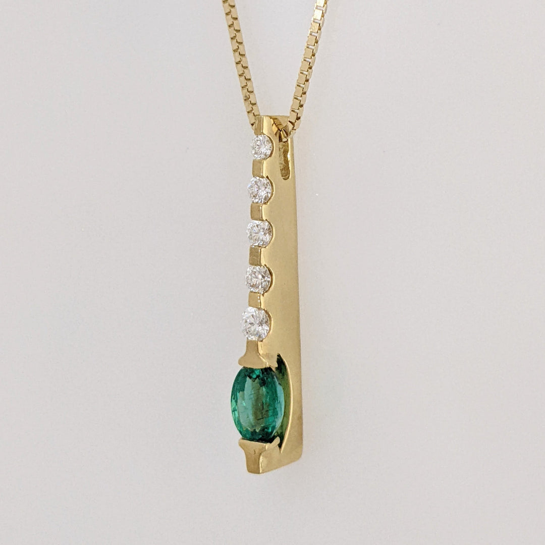 18K EMERALD OVAL 5X7 WITH .30 DIAMOND TOTAL WEIGHT (5) DROP ESTATE PENDANT & 14K CHAIN 6.8 GRAMS