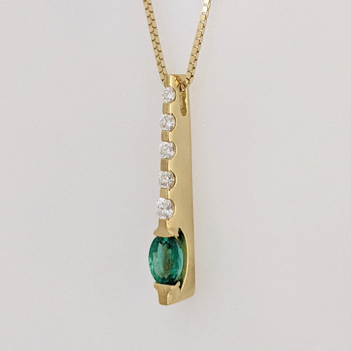 18K EMERALD OVAL 5X7 WITH .30 DIAMOND TOTAL WEIGHT (5) DROP ESTATE PENDANT & 14K CHAIN 6.8 GRAMS