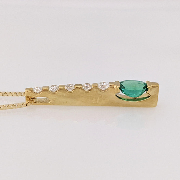 18K EMERALD OVAL 5X7 WITH .30 DIAMOND TOTAL WEIGHT (5) DROP ESTATE PENDANT & 14K CHAIN 6.8 GRAMS