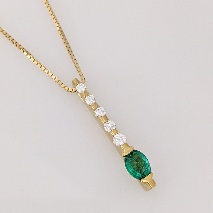 18K EMERALD OVAL 5X7 WITH .30 DIAMOND TOTAL WEIGHT (5) DROP ESTATE PENDANT & 14K CHAIN 6.8 GRAMS