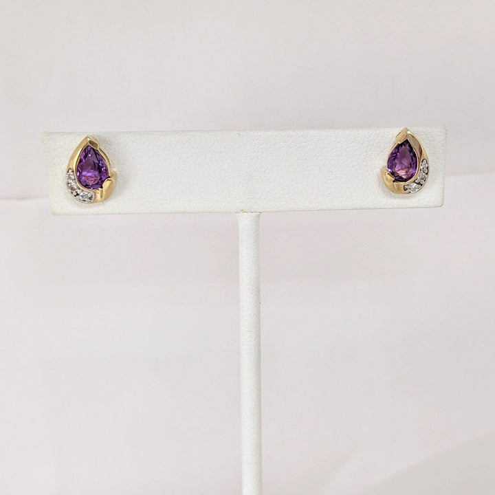 14K AMETHYST PEAR 5X7 WITH (6) MELEE ESTATE EARRINGS 2.1 GRAMS