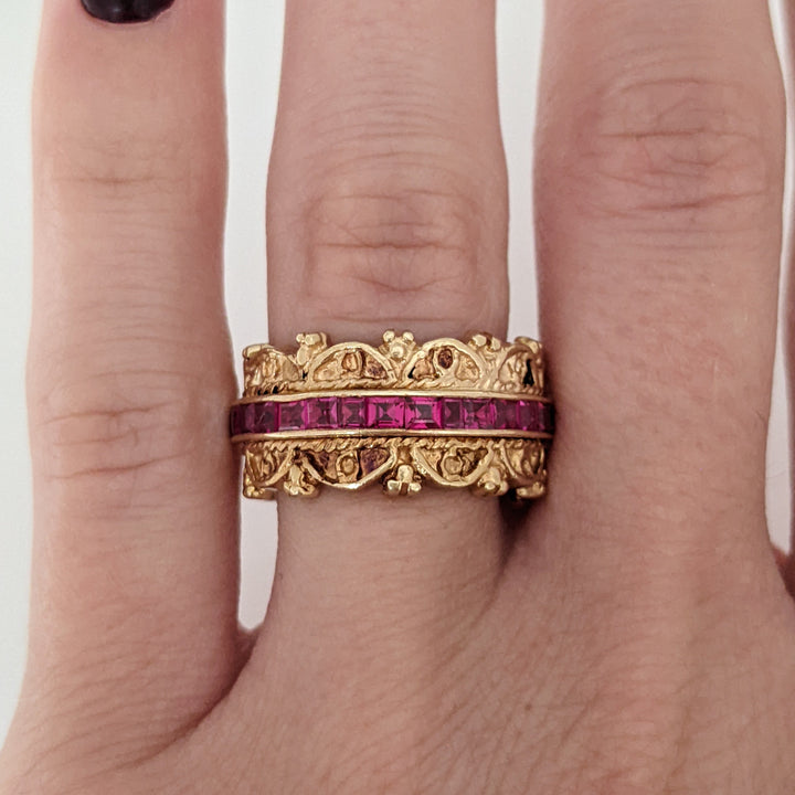 14K RUBY PRINCESS CUT (29) 2MM FANCY ETERNITY ESTATE BAND 9.2 GRAMS