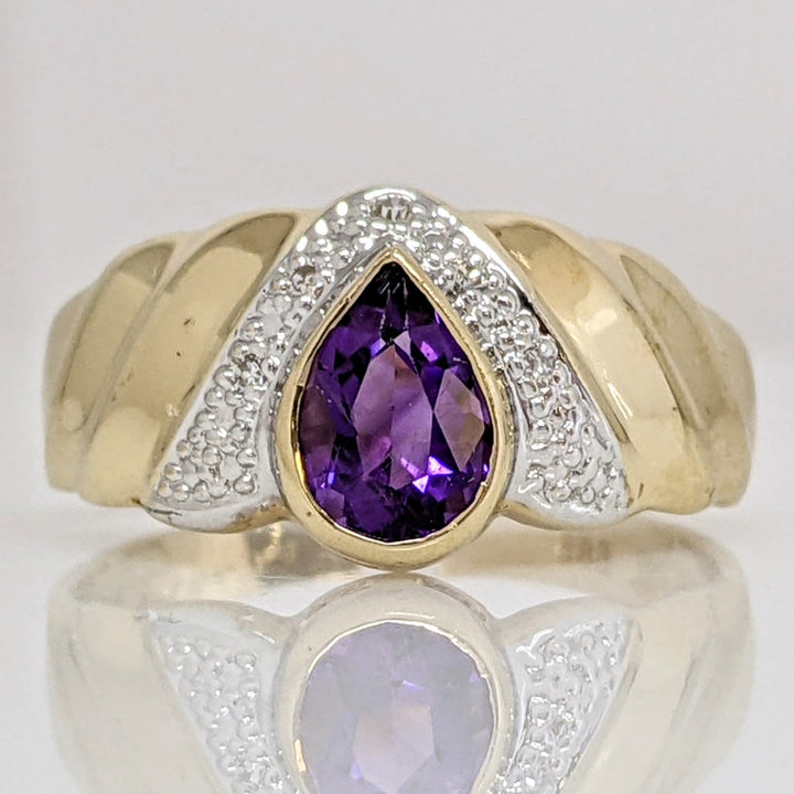 14K AMETHYST PEAR 5X7 BEZEL WITH MELEE ESTATE RING 2.8 GRAMS
