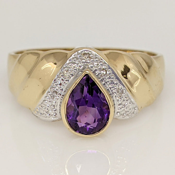 14K AMETHYST PEAR 5X7 BEZEL WITH MELEE ESTATE RING 2.8 GRAMS