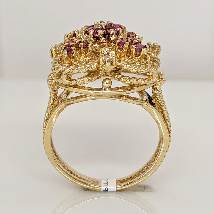 14K RUBY ROUND (18) 2MM WITH (5) MELEE ESTATE CLUSTER RING 7.3 GRAMS