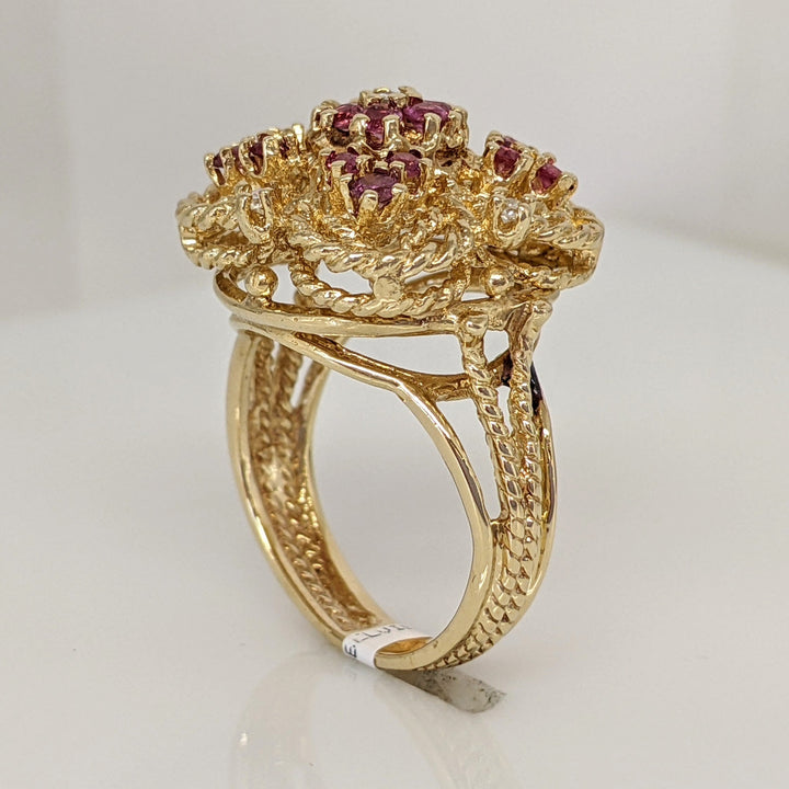 14K RUBY ROUND (18) 2MM WITH (5) MELEE ESTATE CLUSTER RING 7.3 GRAMS