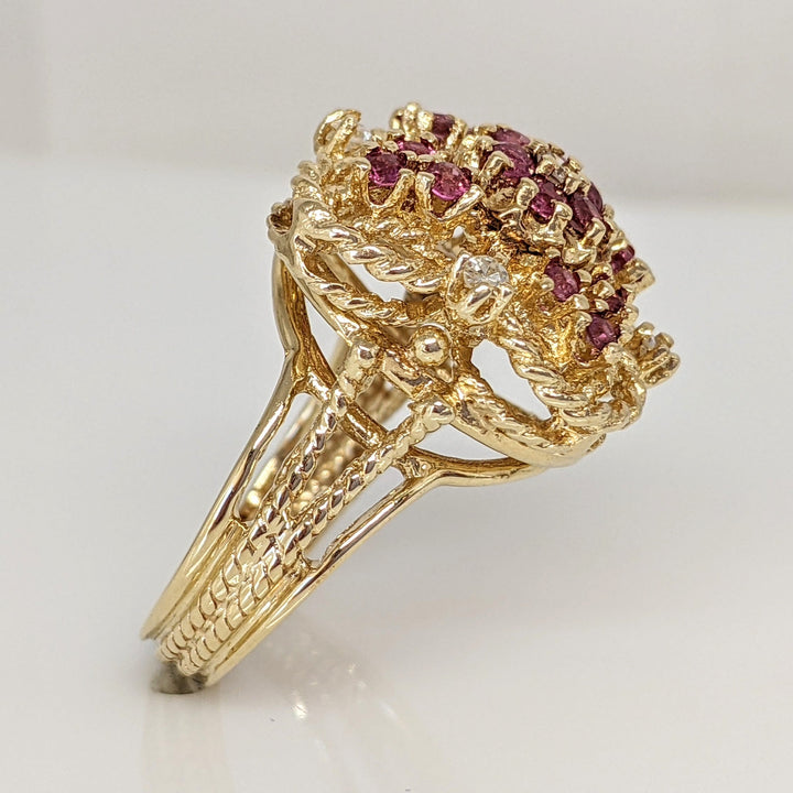 14K RUBY ROUND (18) 2MM WITH (5) MELEE ESTATE CLUSTER RING 7.3 GRAMS