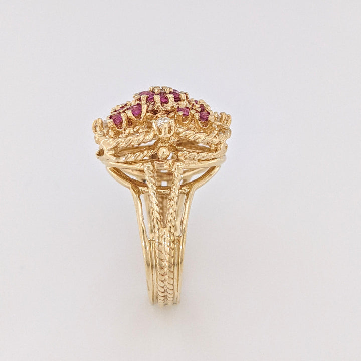 14K RUBY ROUND (18) 2MM WITH (5) MELEE ESTATE CLUSTER RING 7.3 GRAMS