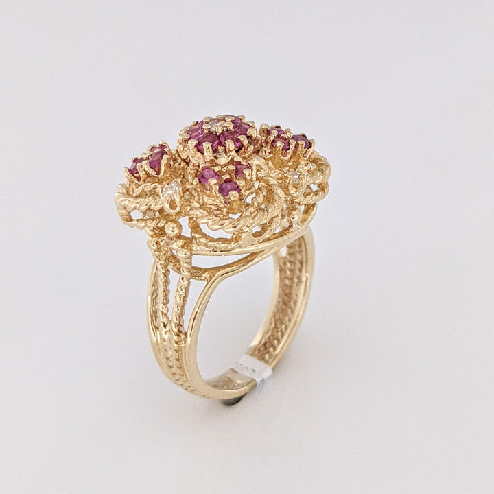 14K RUBY ROUND (18) 2MM WITH (5) MELEE ESTATE CLUSTER RING 7.3 GRAMS