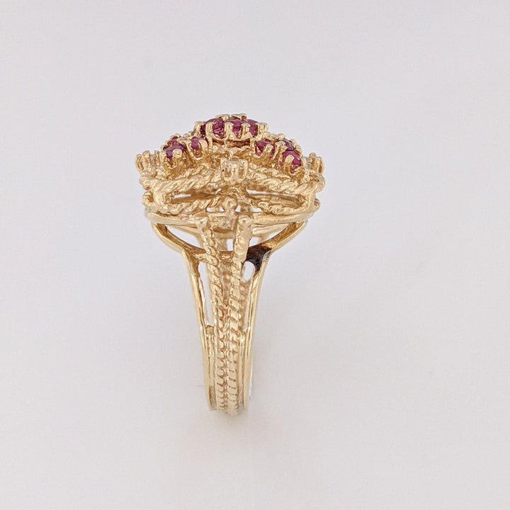 14K RUBY ROUND (18) 2MM WITH (5) MELEE ESTATE CLUSTER RING 7.3 GRAMS