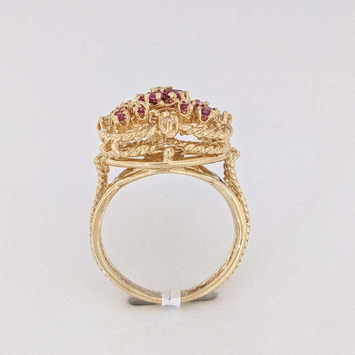 14K RUBY ROUND (18) 2MM WITH (5) MELEE ESTATE CLUSTER RING 7.3 GRAMS