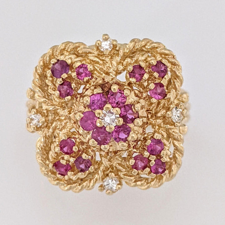 14K RUBY ROUND (18) 2MM WITH (5) MELEE ESTATE CLUSTER RING 7.3 GRAMS