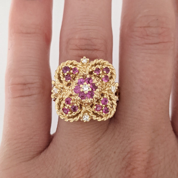 14K RUBY ROUND (18) 2MM WITH (5) MELEE ESTATE CLUSTER RING 7.3 GRAMS