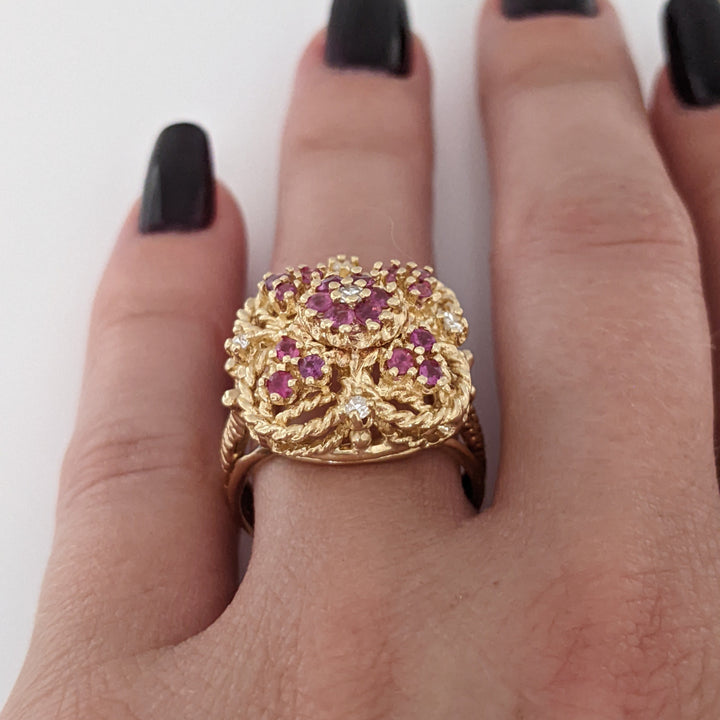 14K RUBY ROUND (18) 2MM WITH (5) MELEE ESTATE CLUSTER RING 7.3 GRAMS