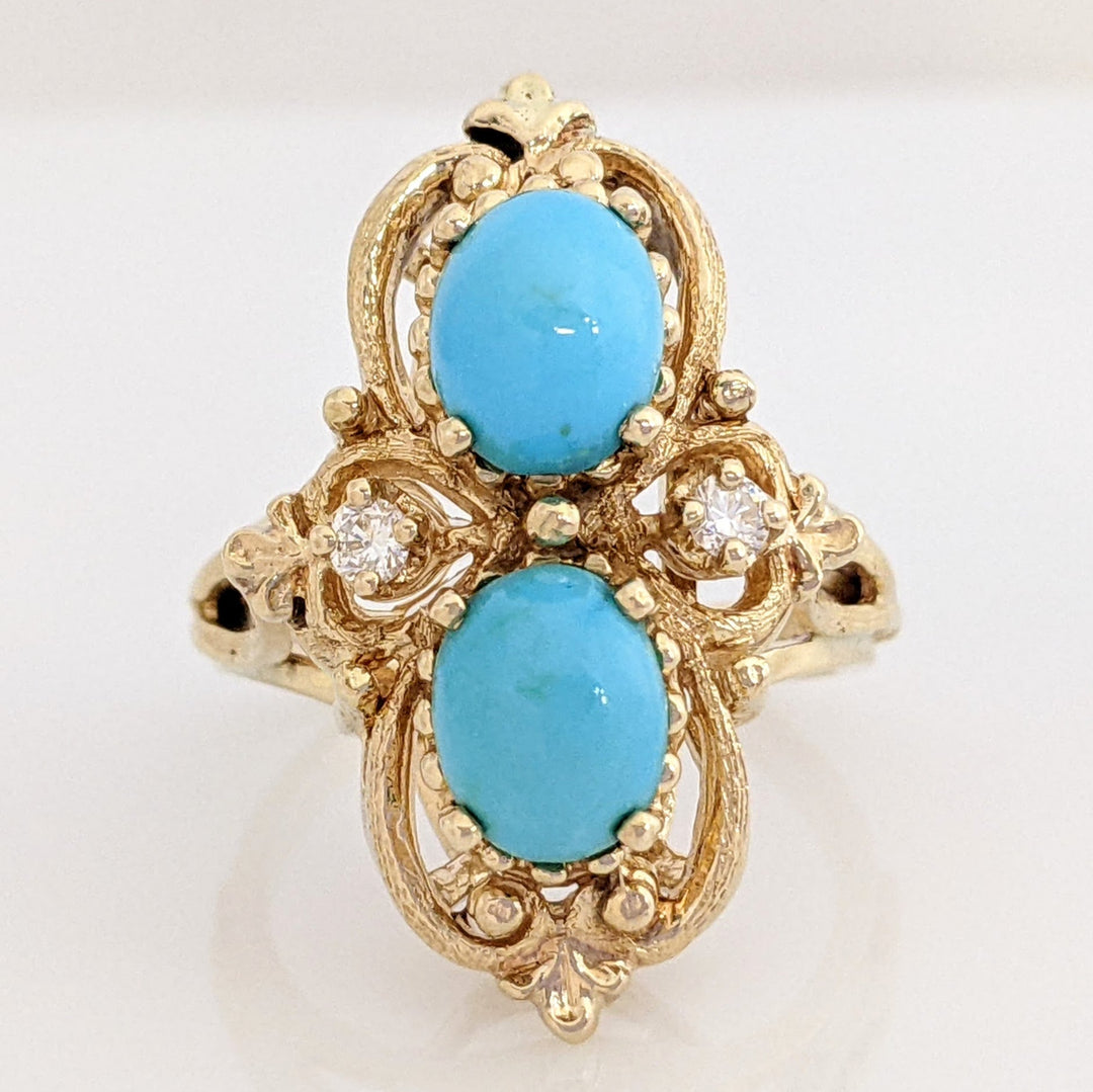 14K TURQUOISE OVAL CABACHON 6X7.5 WITH (2) MELEE ESTATE RING 8.0 GRAMS