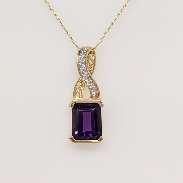 14K AMETHYST EMERALD CUT 8X10 1/2 BEZEL WITH MELEE ESTATE PENDANT & CHAIN 5.0 GRAMS