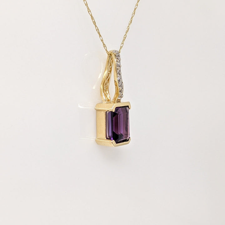 14K AMETHYST EMERALD CUT 8X10 1/2 BEZEL WITH MELEE ESTATE PENDANT & CHAIN 5.0 GRAMS