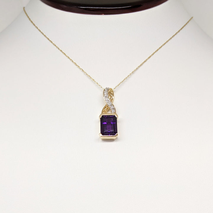 14K AMETHYST EMERALD CUT 8X10 1/2 BEZEL WITH MELEE ESTATE PENDANT & CHAIN 5.0 GRAMS