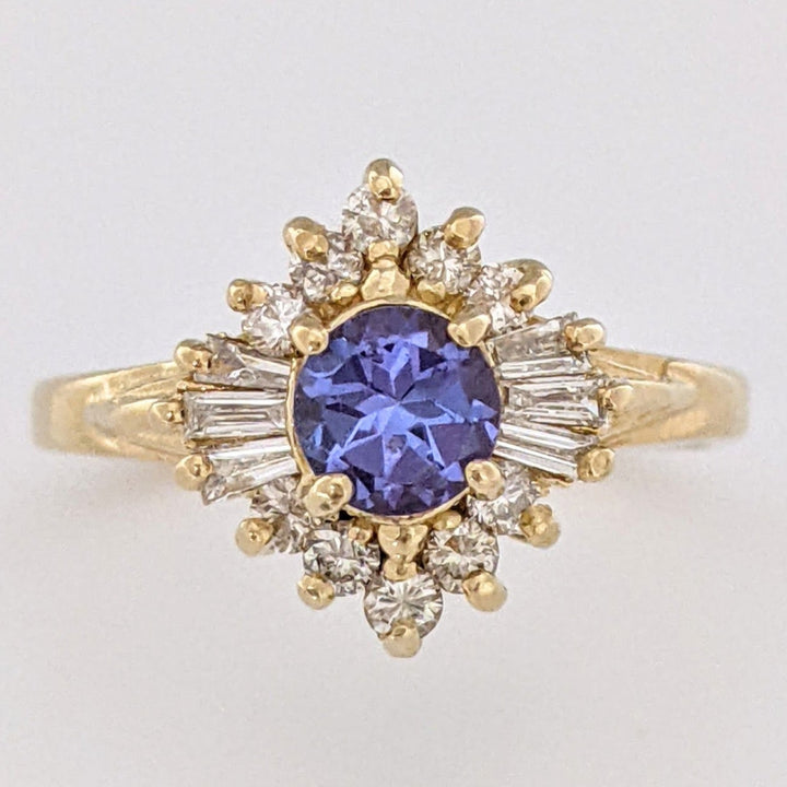 14K TANZANITE ROUND 4.5MM WITH ROUND/ BAGUETTE DIAMOND MELEE ESTATE RING 3.0 GRAMS