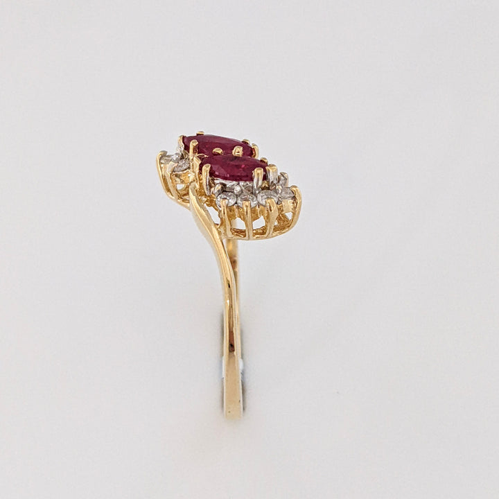 14K RUBY MARQUISE (2) 3X6 WITH (10) MELEE BYPASS ESTATE RING 2.2 GRAMS