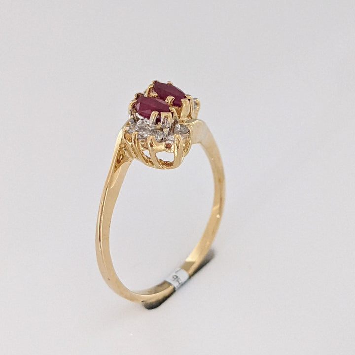 14K RUBY MARQUISE (2) 3X6 WITH (10) MELEE BYPASS ESTATE RING 2.2 GRAMS